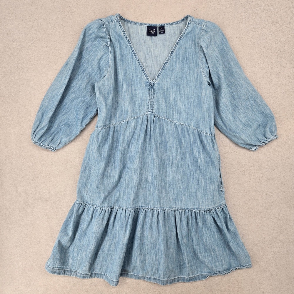 Gap Womens XS Petite Blue Chambray Denim V-Neck Tiered Mini Dress Cottagecore